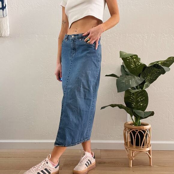 Vintage Dresses & Skirts - Authentic Vintage 90s/Y2K Denim Front Slit Midi Skirt Faded Glory